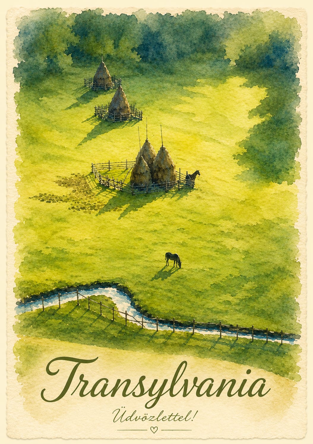 Transylvania green meadow postcard