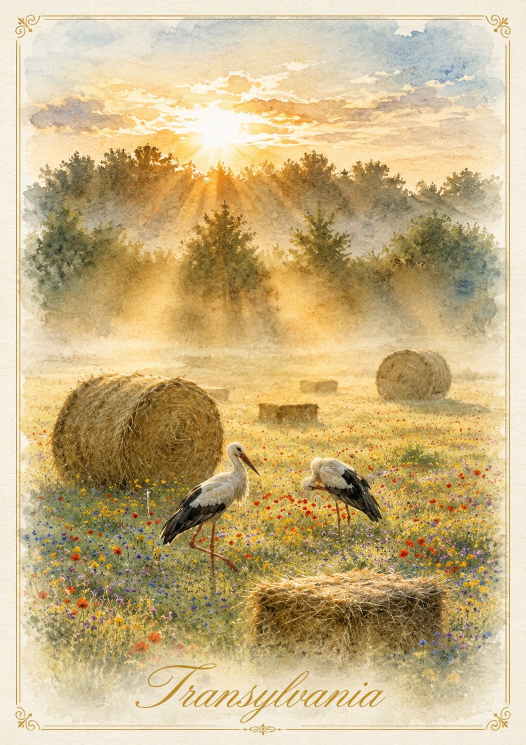 Transylvania storks and hayfield postcard