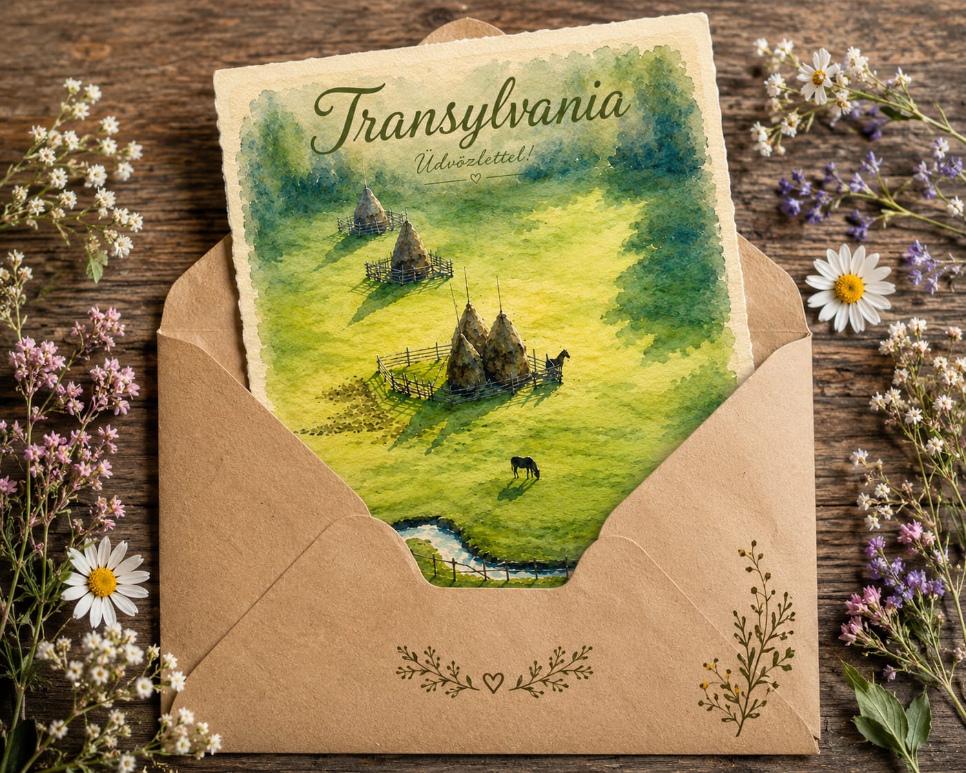 Transylvania hayfield postcard